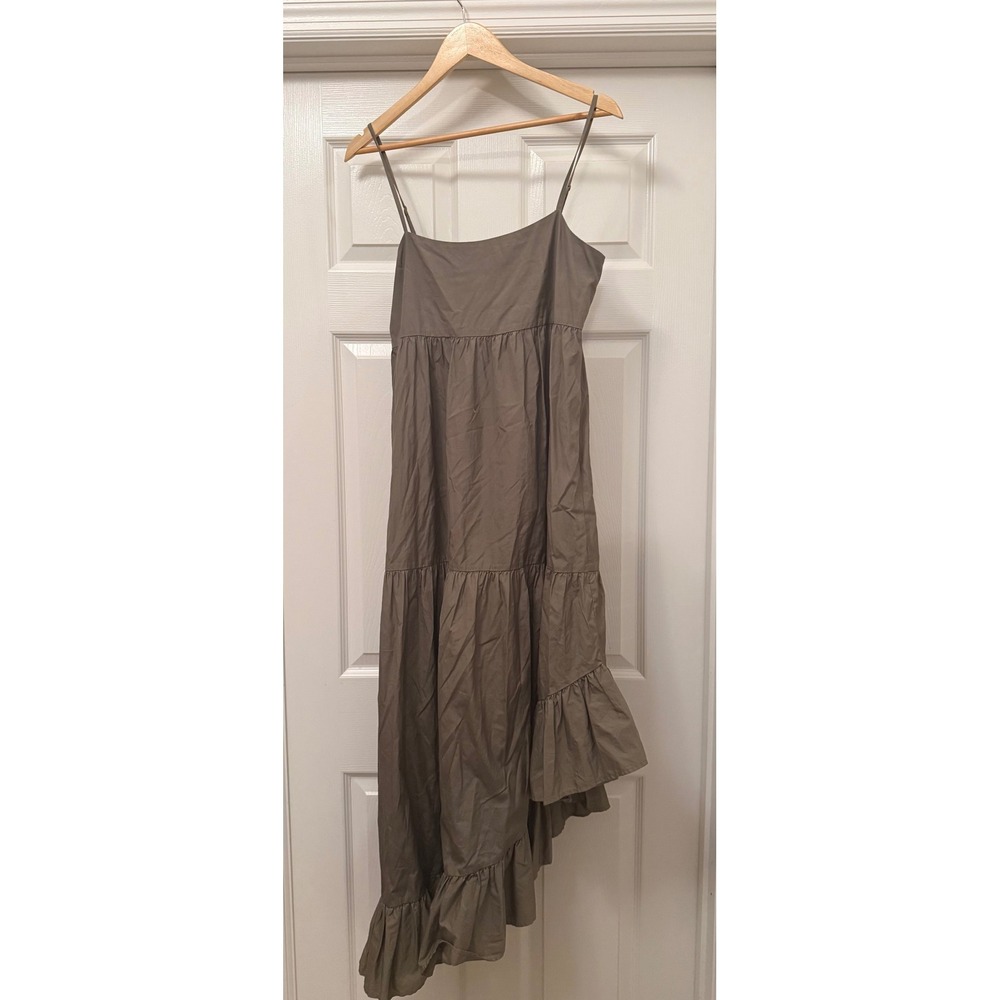 FRAME Tiered Maxi Dress Women Small Olive Green Asymmetrical Ruffle Poplin